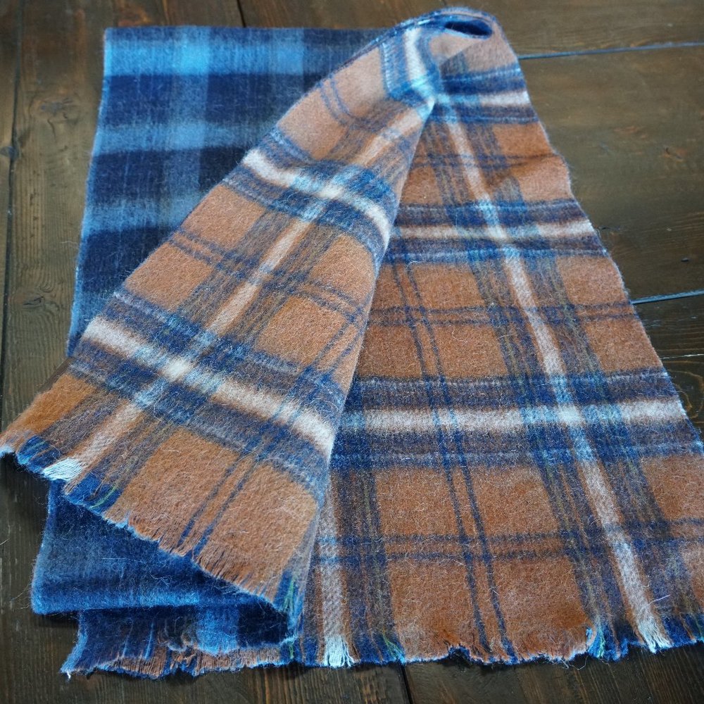 NWOT Pendleton Long Reversible Scarf Blue/Orange Plaid 100% wool